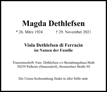 Anzeige von Magda Dethlefsen von Kölner Stadt-Anzeiger / Kölnische Rundschau / Express