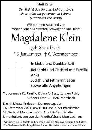 Anzeige von Magdalene Klein von  Lokalanzeiger 