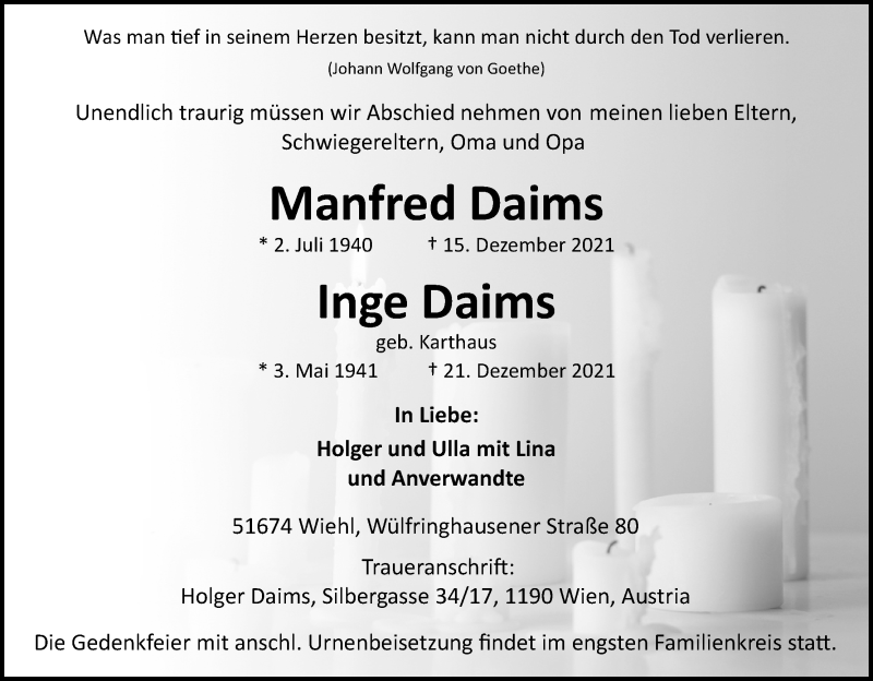  Traueranzeige für Manfred Daims vom 24.12.2021 aus Kölner Stadt-Anzeiger / Kölnische Rundschau / Express