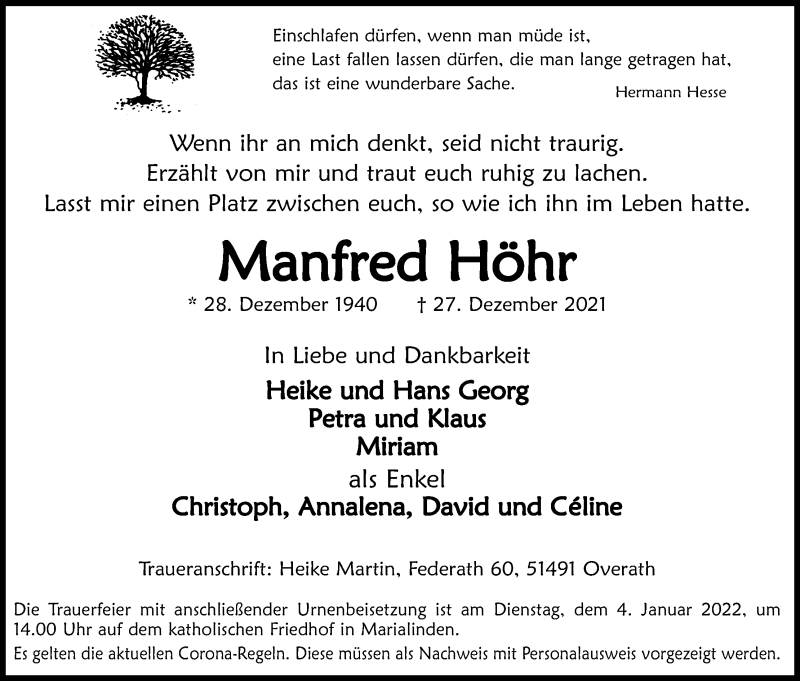  Traueranzeige für Manfred Höhr vom 31.12.2021 aus Kölner Stadt-Anzeiger / Kölnische Rundschau / Express