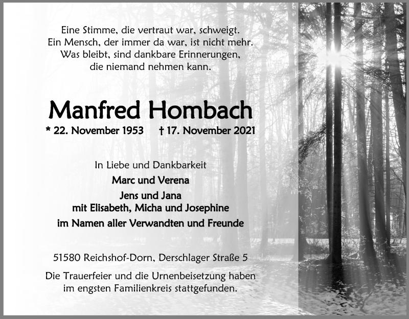  Traueranzeige für Manfred Hornbach vom 18.12.2021 aus Kölner Stadt-Anzeiger / Kölnische Rundschau / Express