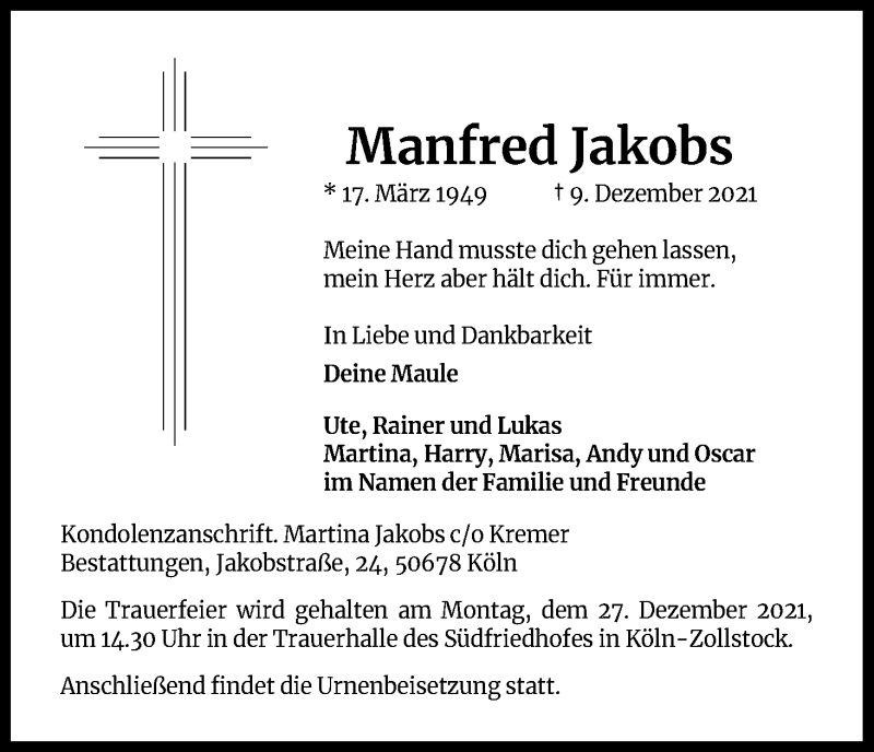  Traueranzeige für Manfred Jakobs vom 18.12.2021 aus Kölner Stadt-Anzeiger / Kölnische Rundschau / Express