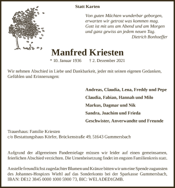 Anzeige von Manfred Kriesten von  Anzeigen Echo 