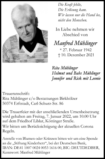 Anzeige von Manfred Mühlinger von Kölner Stadt-Anzeiger / Kölnische Rundschau / Express