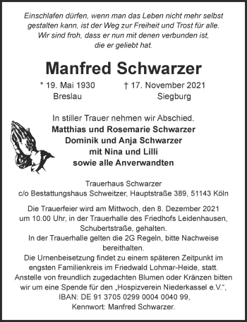 Anzeige von Manfred Schwarzer von  Kölner Wochenspiegel 