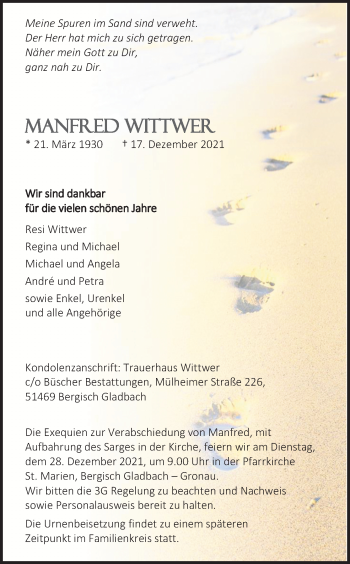 Anzeige von Manfred Wittwer von Kölner Stadt-Anzeiger / Kölnische Rundschau / Express