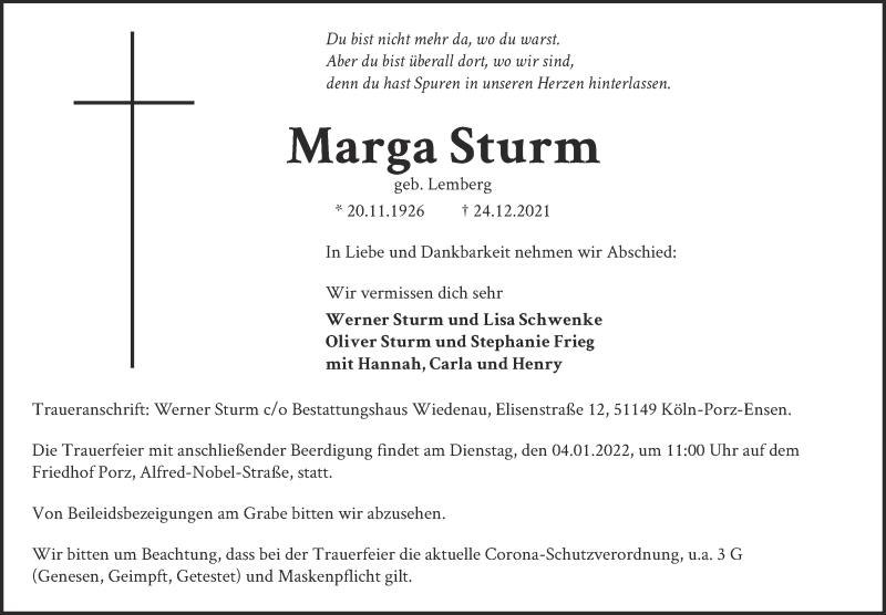  Traueranzeige für Marga Sturm vom 01.01.2022 aus  Kölner Wochenspiegel 