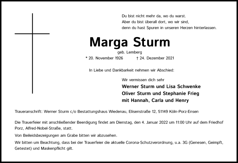  Traueranzeige für Marga Sturm vom 31.12.2021 aus Kölner Stadt-Anzeiger / Kölnische Rundschau / Express