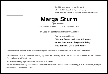 Anzeige von Marga Sturm von Kölner Stadt-Anzeiger / Kölnische Rundschau / Express