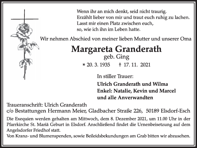  Traueranzeige für Margareta Granderath vom 03.12.2021 aus  Werbepost 