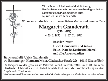 Anzeige von Margareta Granderath von  Werbepost 