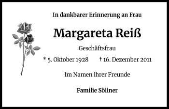 Anzeige von Margareta Reiß von Kölner Stadt-Anzeiger / Kölnische Rundschau / Express