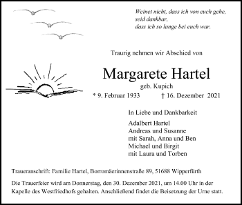 Anzeige von Margarete Hartel von Kölner Stadt-Anzeiger / Kölnische Rundschau / Express