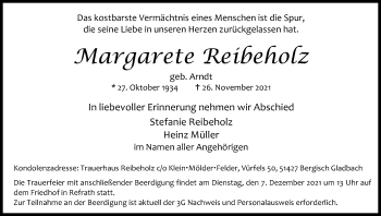 Anzeige von Margarete Reibeholz von Kölner Stadt-Anzeiger / Kölnische Rundschau / Express