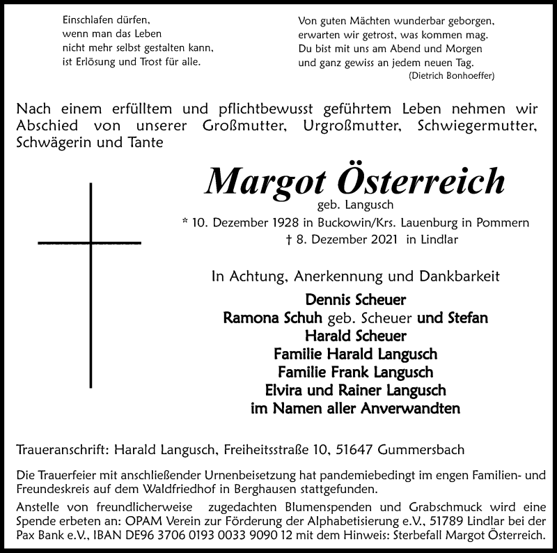  Traueranzeige für Margot Osterreich vom 24.12.2021 aus Kölner Stadt-Anzeiger / Kölnische Rundschau / Express