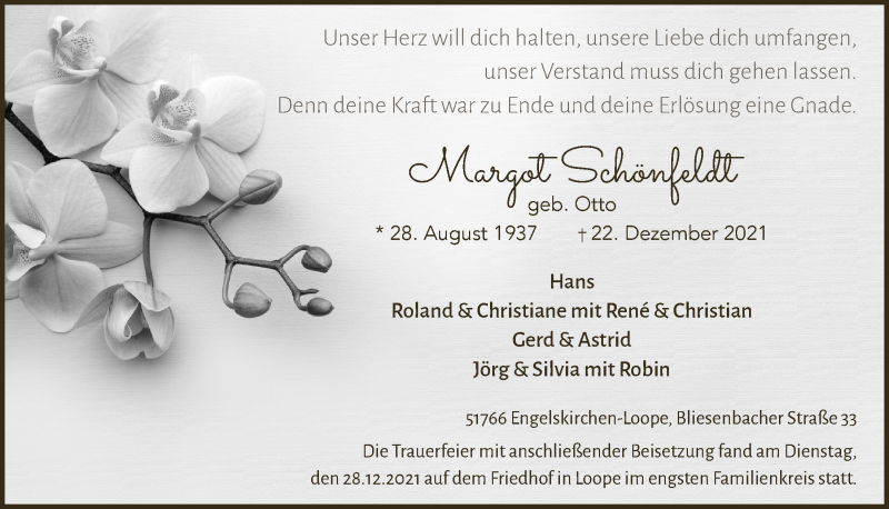  Traueranzeige für Margot Schönfeldt vom 01.01.2022 aus  Anzeigen Echo 