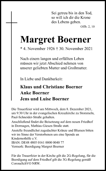 Anzeige von Margret Boerner von Kölner Stadt-Anzeiger / Kölnische Rundschau / Express