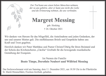 Anzeige von Margret Messing von  Wochenende 