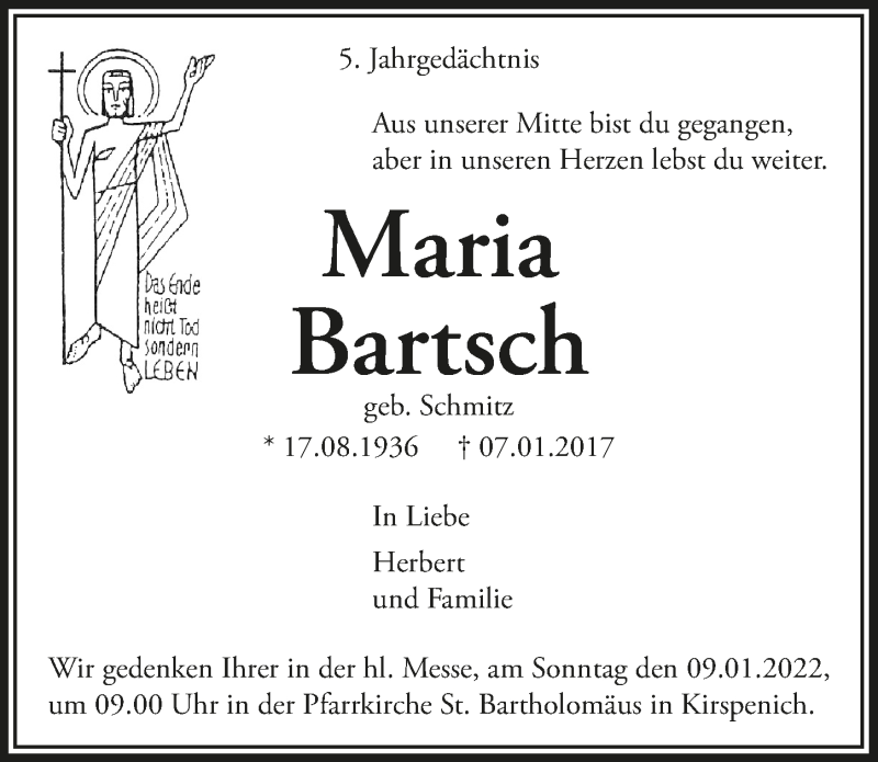  Traueranzeige für Maria Bartsch vom 01.01.2022 aus  Blickpunkt Euskirchen 