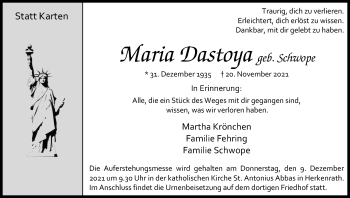 Anzeige von Maria Dastoya von Kölner Stadt-Anzeiger / Kölnische Rundschau / Express