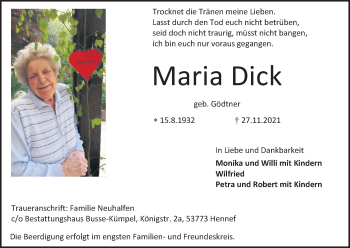 Anzeige von Maria Dick von Kölner Stadt-Anzeiger / Kölnische Rundschau / Express