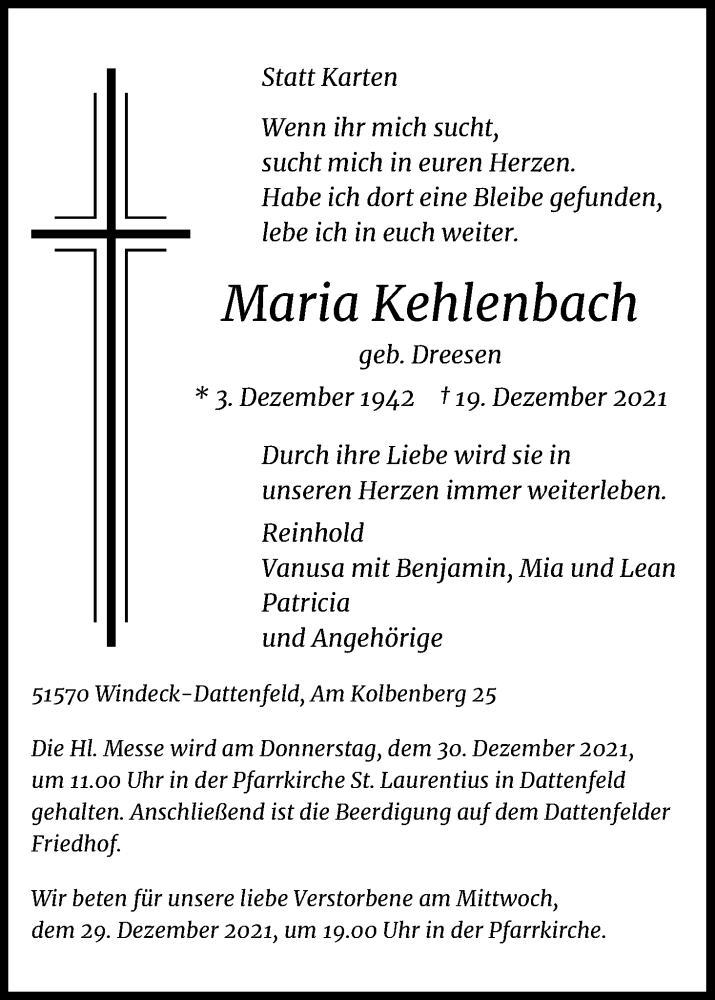  Traueranzeige für Maria Kehlenbach vom 24.12.2021 aus Kölner Stadt-Anzeiger / Kölnische Rundschau / Express