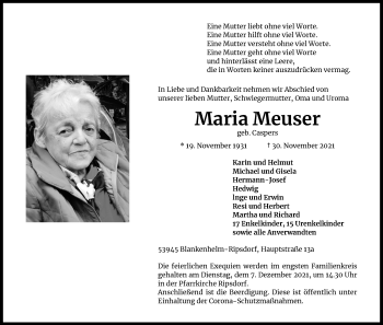 Anzeige von Maria Meuser von Kölner Stadt-Anzeiger / Kölnische Rundschau / Express
