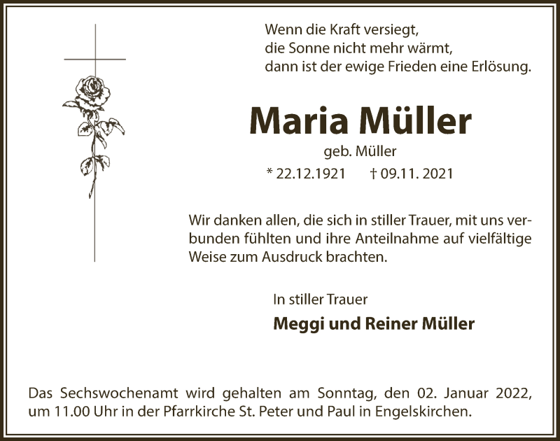  Traueranzeige für Maria Müller vom 27.12.2021 aus  Anzeigen Echo 