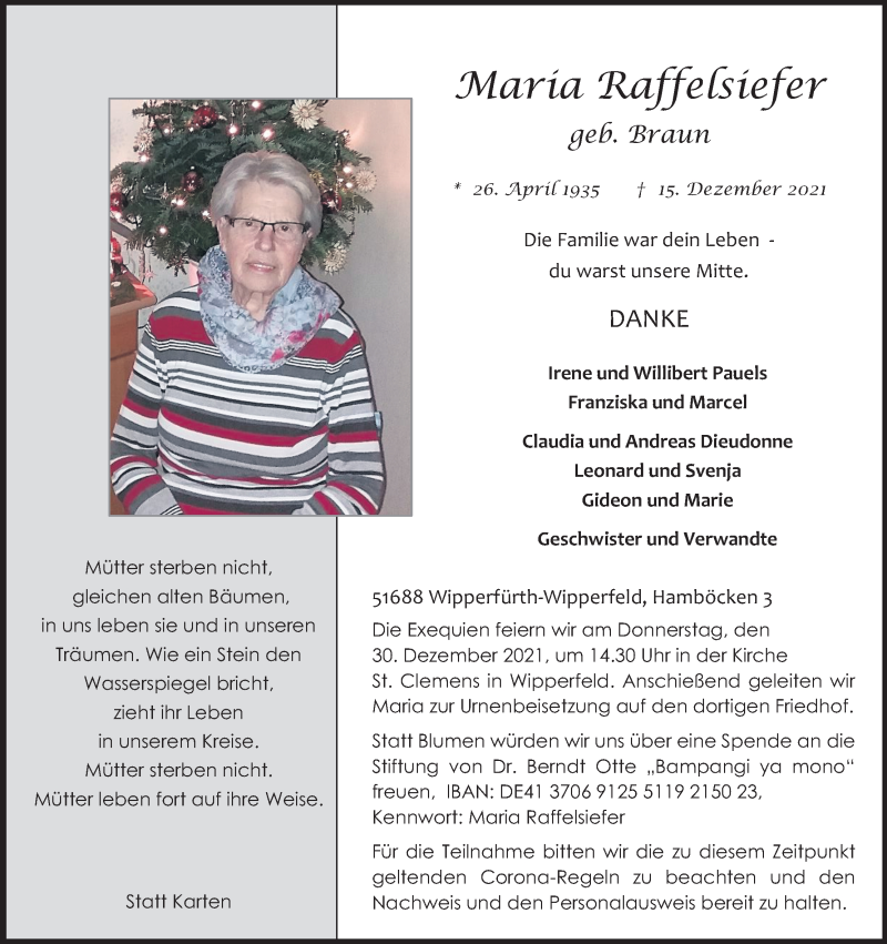  Traueranzeige für Maria Raffelsiefer vom 23.12.2021 aus Kölner Stadt-Anzeiger / Kölnische Rundschau / Express