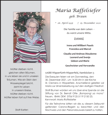 Anzeige von Maria Raffelsiefer von Kölner Stadt-Anzeiger / Kölnische Rundschau / Express
