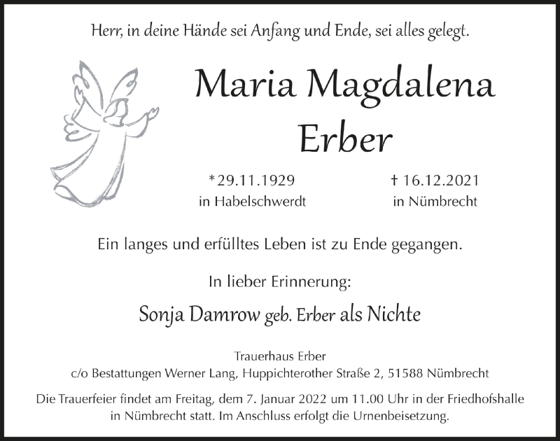  Traueranzeige für Maria Magdalena Erber vom 27.12.2021 aus  Lokalanzeiger 