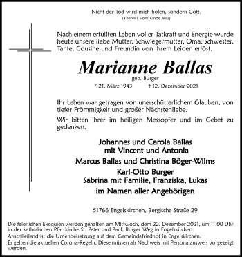 Anzeige von Marianne Ballas von Kölner Stadt-Anzeiger / Kölnische Rundschau / Express