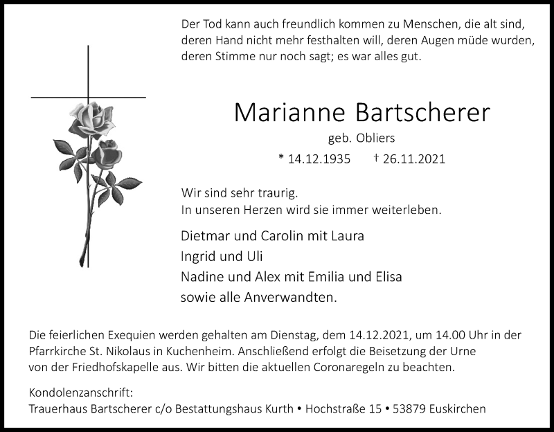  Traueranzeige für Marianne Bartscherer vom 11.12.2021 aus Kölner Stadt-Anzeiger / Kölnische Rundschau / Express