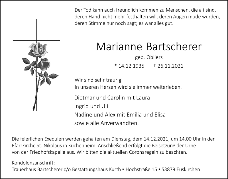  Traueranzeige für Marianne Bartscherer vom 11.12.2021 aus  Blickpunkt Euskirchen 