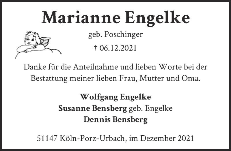 Traueranzeige für Marianne Engelke vom 01.01.2022 aus  Kölner Wochenspiegel 