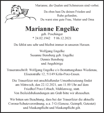 Anzeige von Marianne Engelke von  Kölner Wochenspiegel 