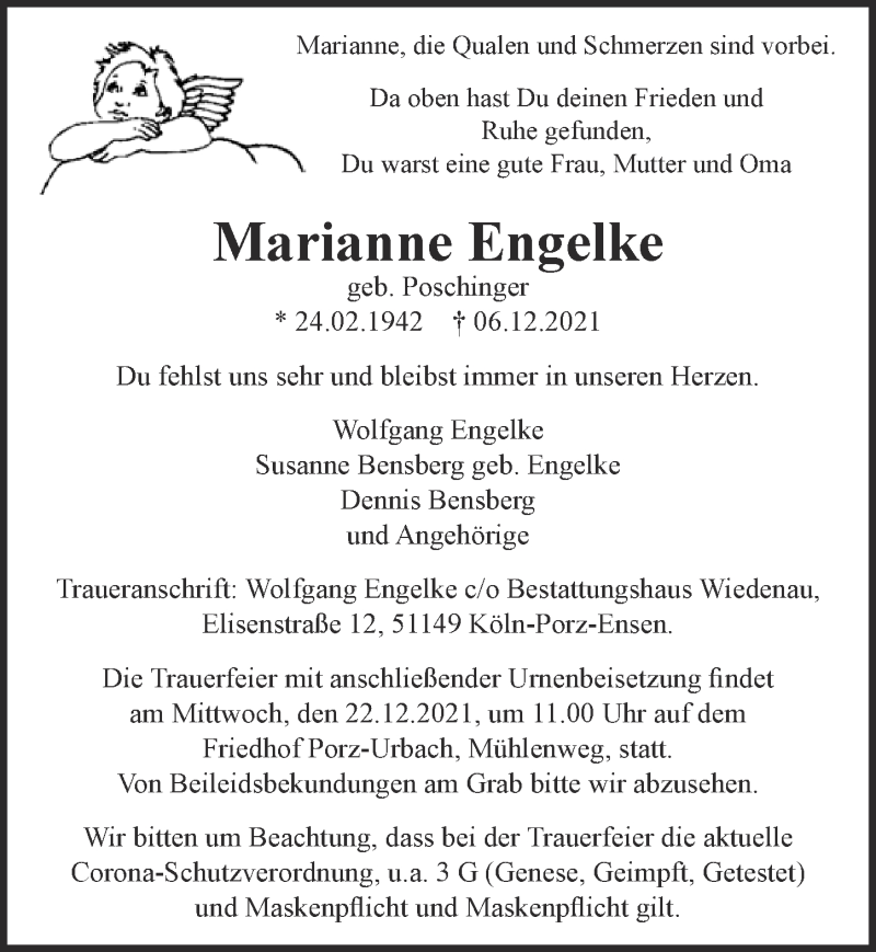  Traueranzeige für Marianne Engelke vom 17.12.2021 aus  Kölner Wochenspiegel 
