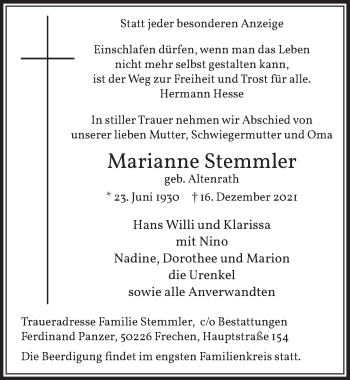Anzeige von Marianne Stemmler von  Wochenende 