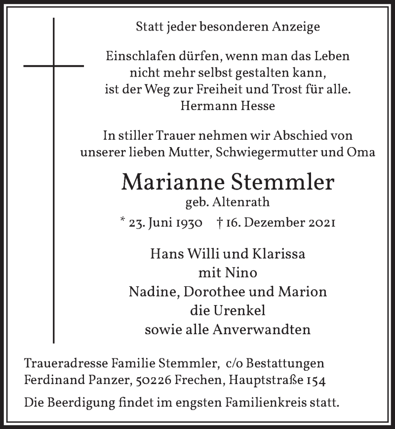  Traueranzeige für Marianne Stemmler vom 27.12.2021 aus  Wochenende 