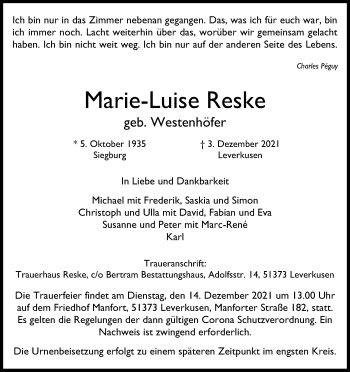 Anzeige von Marie-Luise Reske von Kölner Stadt-Anzeiger / Kölnische Rundschau / Express