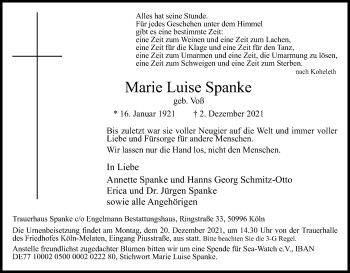 Anzeige von Marie Luise Spanke von Kölner Stadt-Anzeiger / Kölnische Rundschau / Express