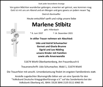 Anzeige von Marlene Stibitz von Kölner Stadt-Anzeiger / Kölnische Rundschau / Express