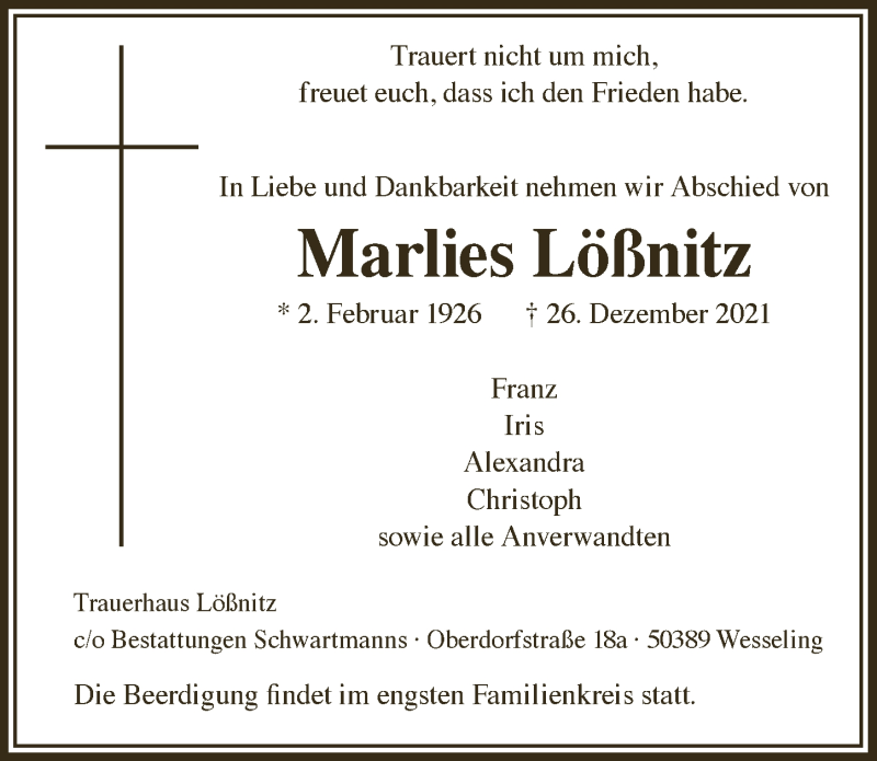  Traueranzeige für Marlies Lößnitz vom 01.01.2022 aus  Schlossbote/Werbekurier 