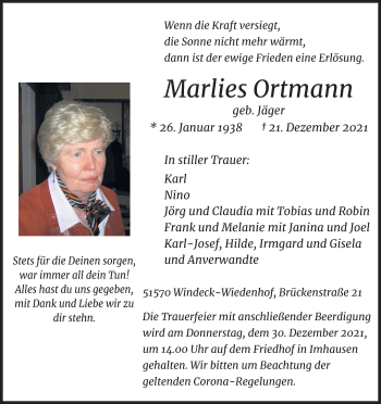 Anzeige von Marlies Ortmann von Kölner Stadt-Anzeiger / Kölnische Rundschau / Express