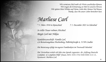Anzeige von Marliese Carl von Kölner Stadt-Anzeiger / Kölnische Rundschau / Express