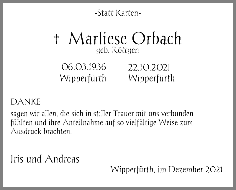  Traueranzeige für Marliese Orbach vom 31.12.2021 aus Kölner Stadt-Anzeiger / Kölnische Rundschau / Express