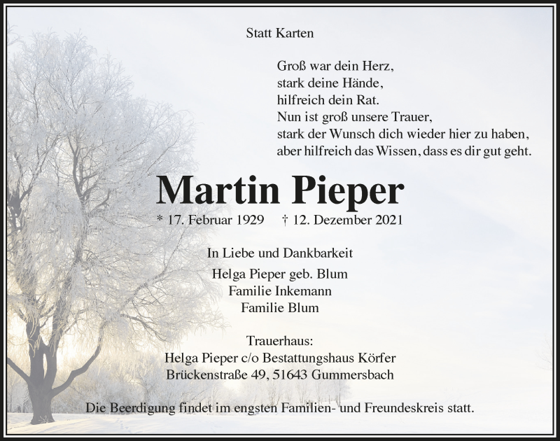  Traueranzeige für Martin Pieper vom 17.12.2021 aus  Anzeigen Echo 