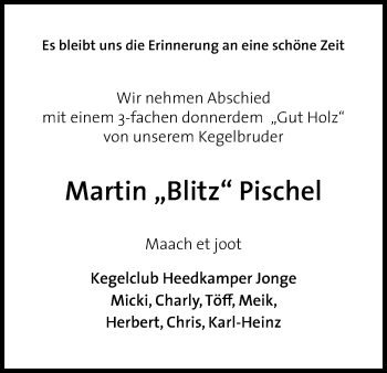 Anzeige von Martin Pischel von Kölner Stadt-Anzeiger / Kölnische Rundschau / Express