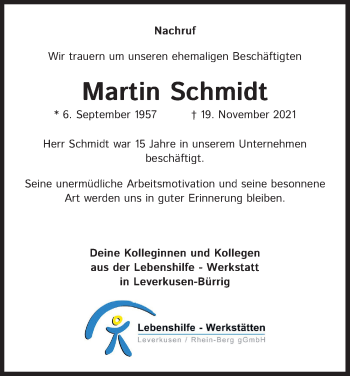 Anzeige von Martin Schmidt von Kölner Stadt-Anzeiger / Kölnische Rundschau / Express