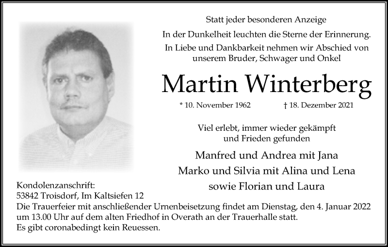  Traueranzeige für Martin Winterberg vom 31.12.2021 aus Kölner Stadt-Anzeiger / Kölnische Rundschau / Express